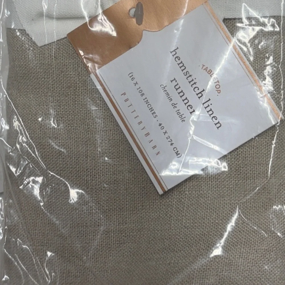 Pottery Barn Linen Hemstitch Table Runner in Natural/Taupe